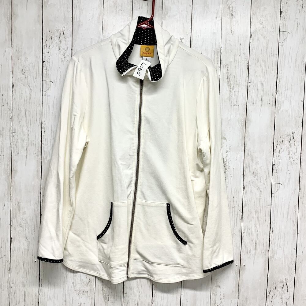 Ruby Rd. Jacket Women Size Large Ivory‎ Collared Full Zip Long Sleeve Pockets